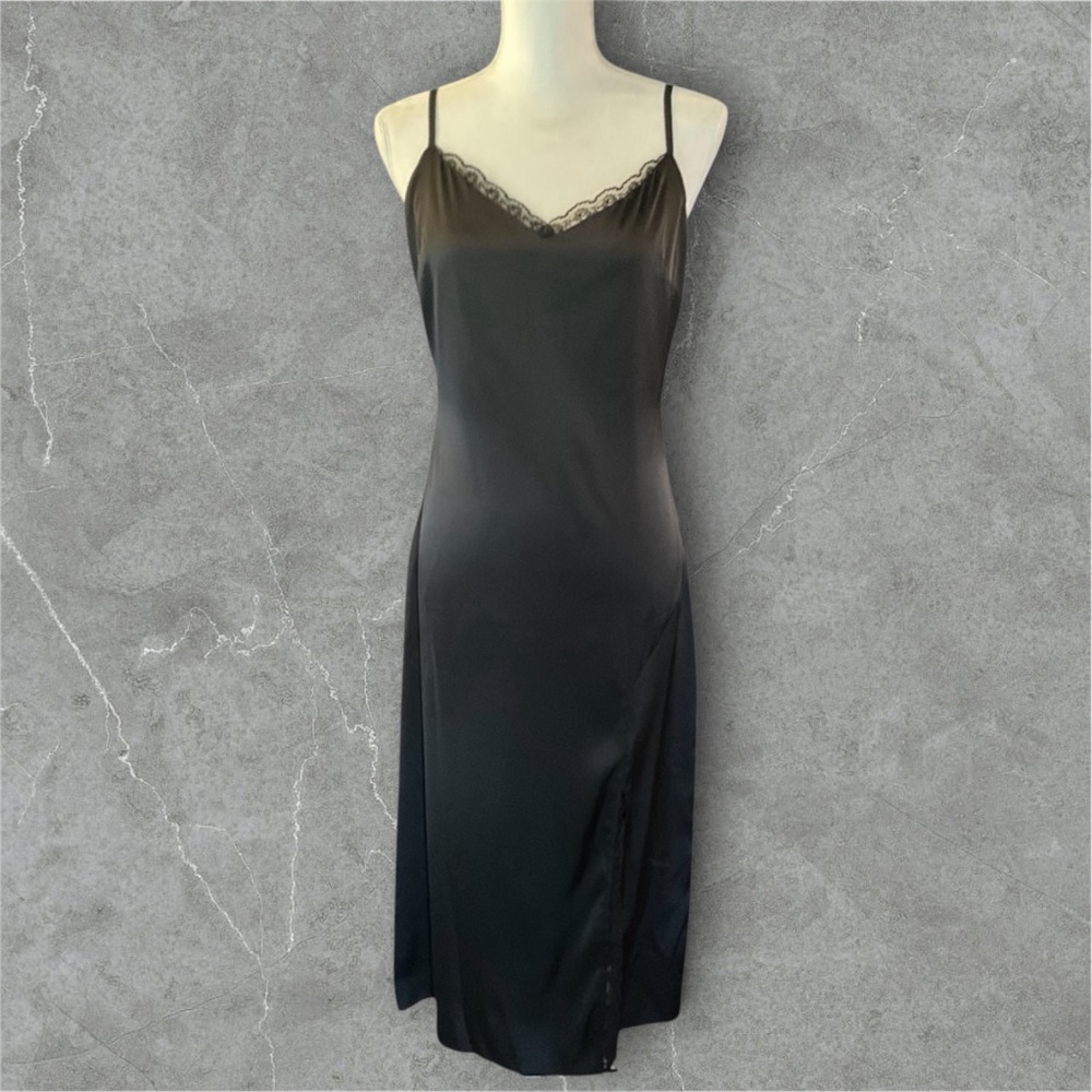 BCX Black Satin Lace-Trim Slip Dress